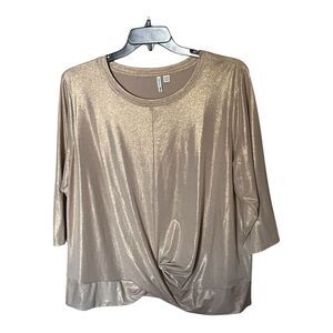 Live Well Active Gold Metallic Twist Top Shirt with 3/4 Sleeves Size 18/20W